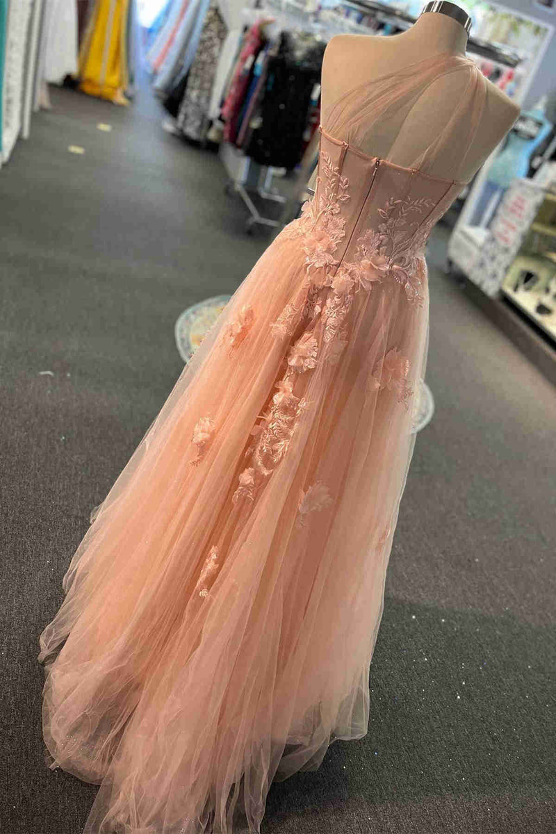 Sweetheart One Shoulder Pink Prom Dress with Flowers