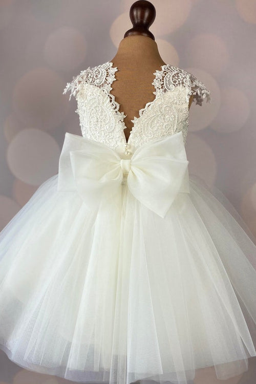 Knee Length Cute Ivory Appliqued Flower Girl Dress