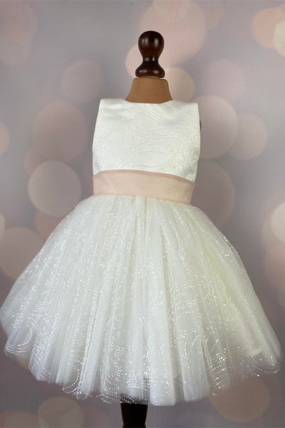 Glitter Ivory Girl Party Dress with Blush Belt