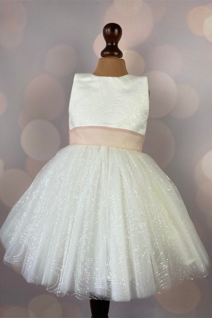 Glitter Ivory Girl Party Dress with Blush Belt FancyVestido Glitter Ivory Girl Party Dress with Blush Belt FancyVestido