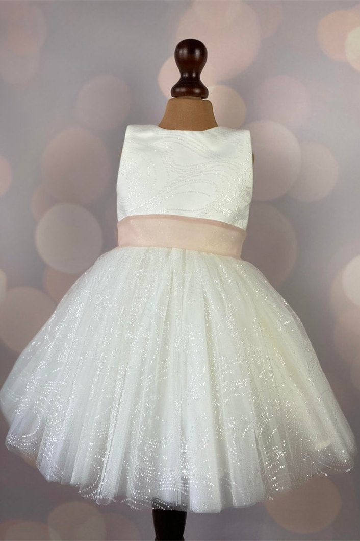 Glitter Ivory Girl Party Dress with Blush Belt