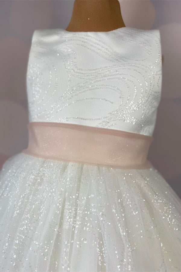 Glitter Ivory Girl Party Dress with Blush Belt