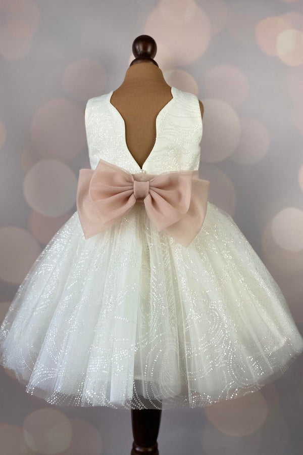 Glitter Ivory Girl Party Dress with Blush Belt