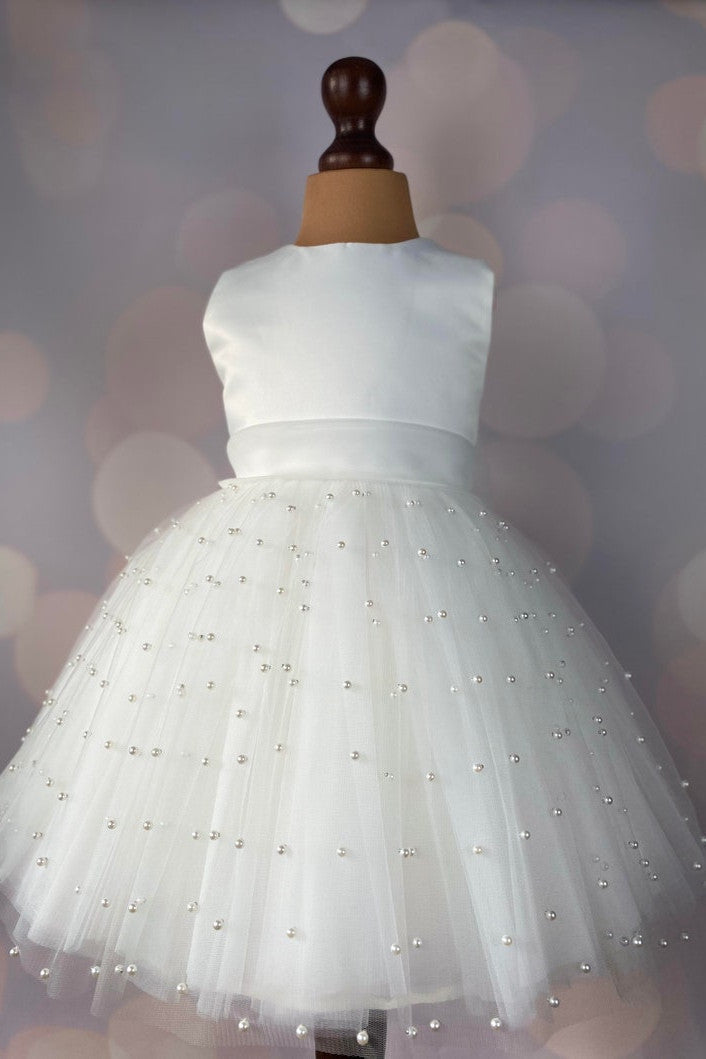 Cute Ivory Beaded Flower Girl Dress with Bow