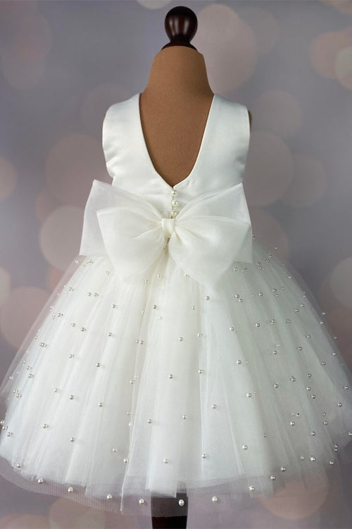 Cute Ivory Beaded Flower Girl Dress with Bow