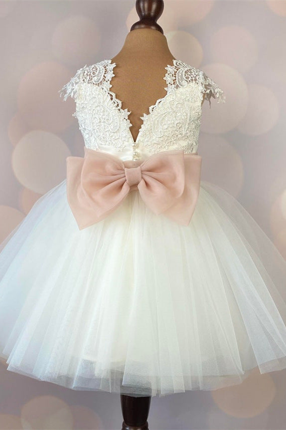 Cap Sleeves Cute Ivory Lace Flower Girl Dress