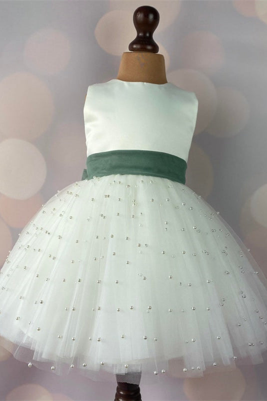 Cute Ivory Beaded Flower Girl Dress with Bow