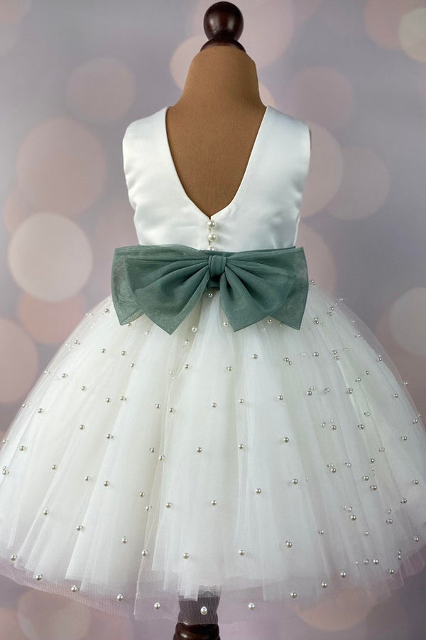 Cute Ivory Beaded Flower Girl Dress with Bow