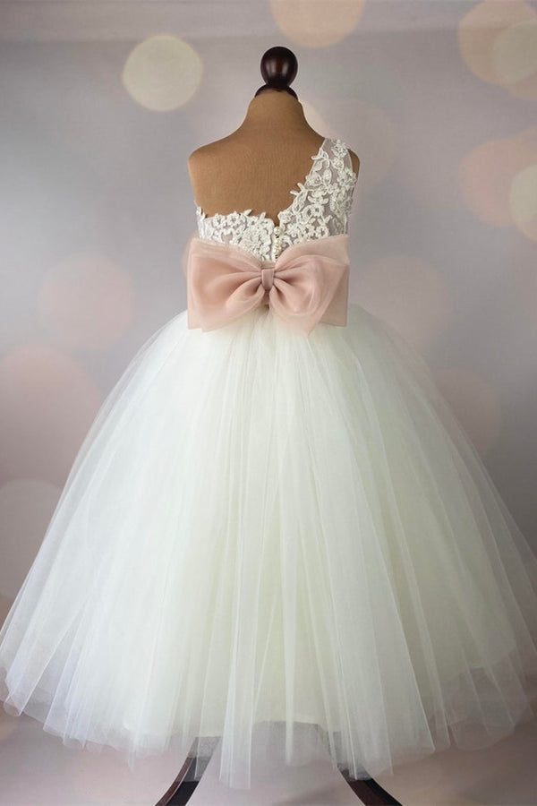 One Shoulder Ivory Tea Length Long Flower Gril Dress