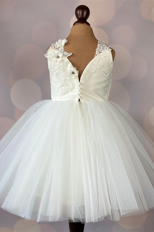 Ivory Beaded Knee Lenght Flower Girl Dress