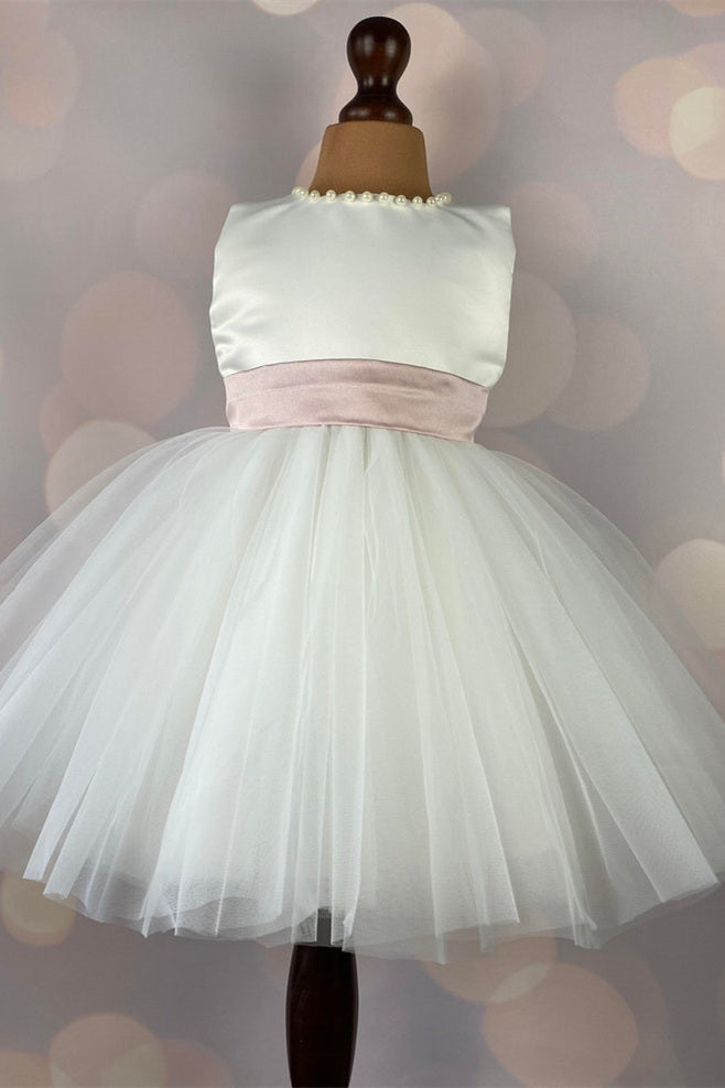 Delicate Ivory Lace Top Flower Girl Dress with Pearls