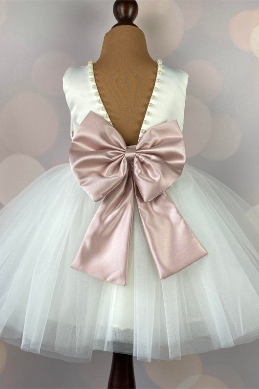 Delicate Ivory Lace Top Flower Girl Dress with Pearls