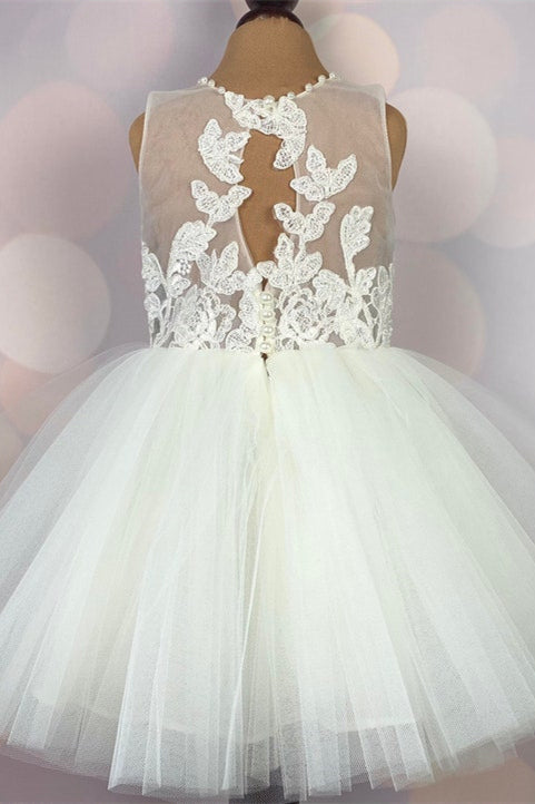 Crew Neck Cute Lace Flower Girl Dress with Pearls