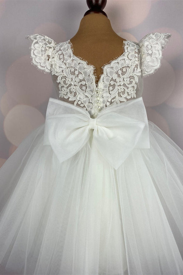 Lace Top V-Neck Ivory Flower Girl Dress