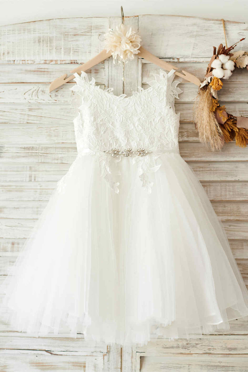 Cute Ivory Lace Flower Girl Dress with Belt