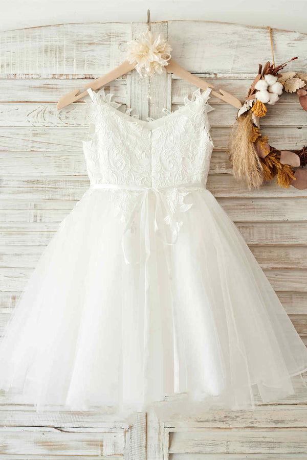 Cute Ivory Lace Flower Girl Dress with Belt