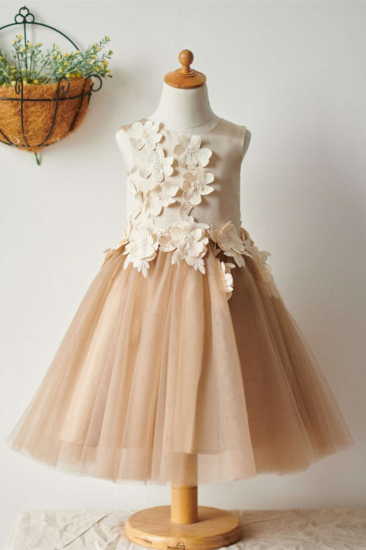casual dress code women Champagne Gold Flower Girl Gown – Long Sleeve Vintage Dress main image 0