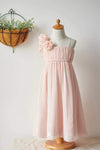 One-Shoulder Blush Pink Chiffon Flower Girl Dress