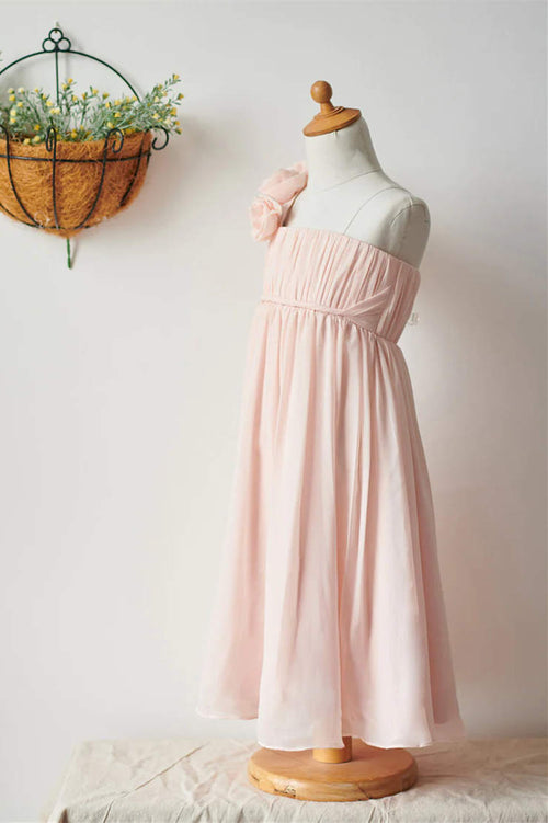 One-Shoulder Blush Pink Chiffon Flower Girl Dress