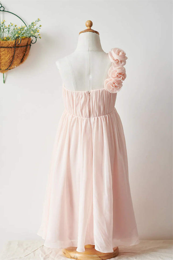 One-Shoulder Blush Pink Chiffon Flower Girl Dress