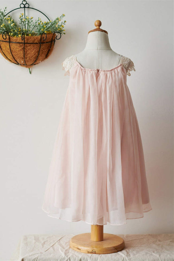Cute Blush Pink Cap Sleeves Flower Girl Dress