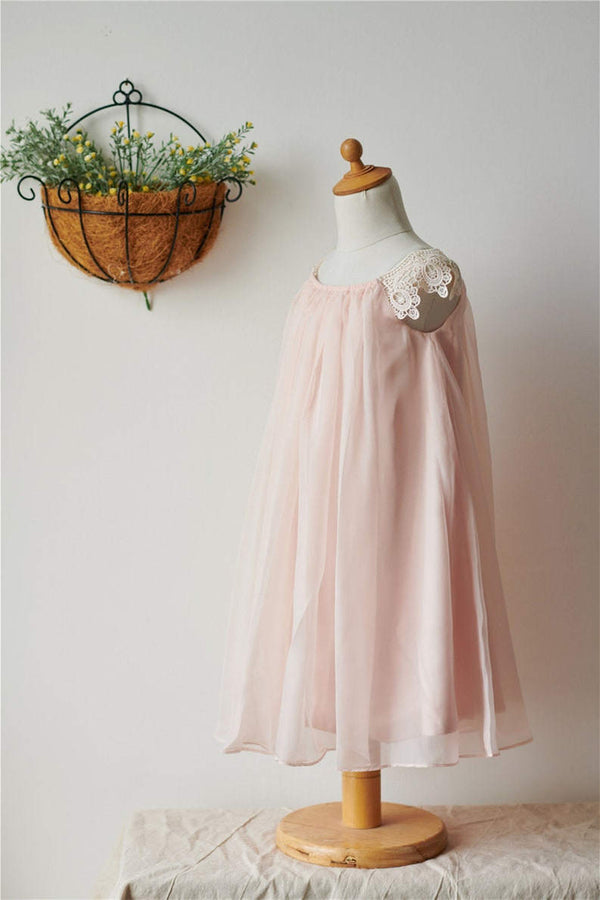 Cute Blush Pink Cap Sleeves Flower Girl Dress