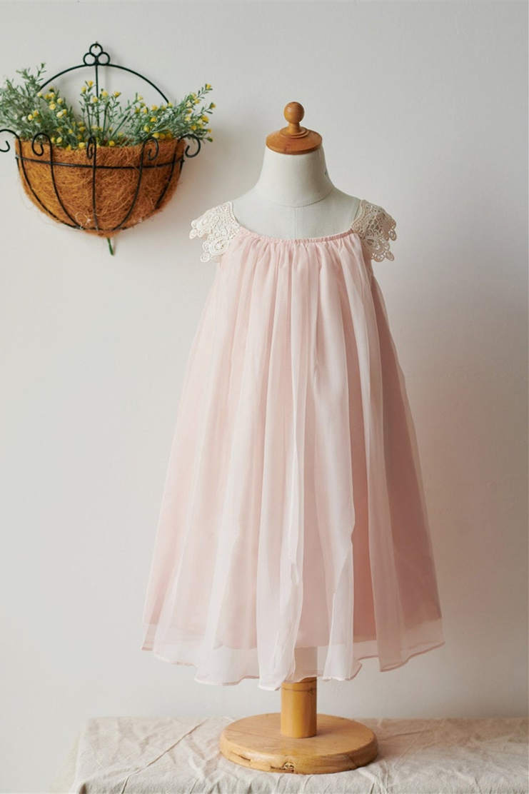 Cute Blush Pink Cap Sleeves Flower Girl Dress