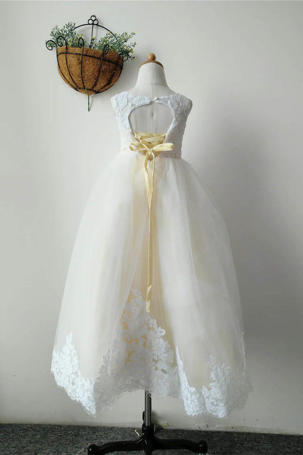 Ivory Lace Yellow Linning Long Flower Girl Dress