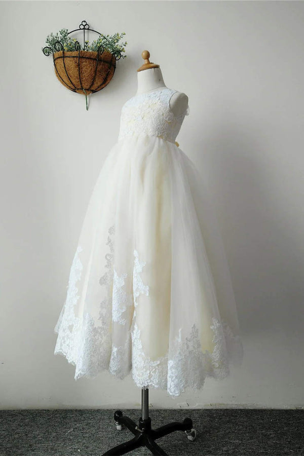 Ivory Lace Yellow Linning Long Flower Girl Dress