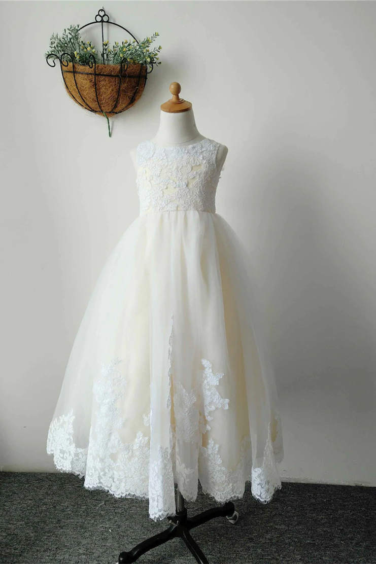 Ivory Lace Yellow Linning Long Flower Girl Dress