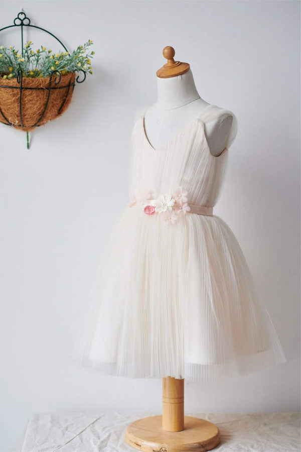 Cute Light Champagne Girl Party Dress with Flower Belt