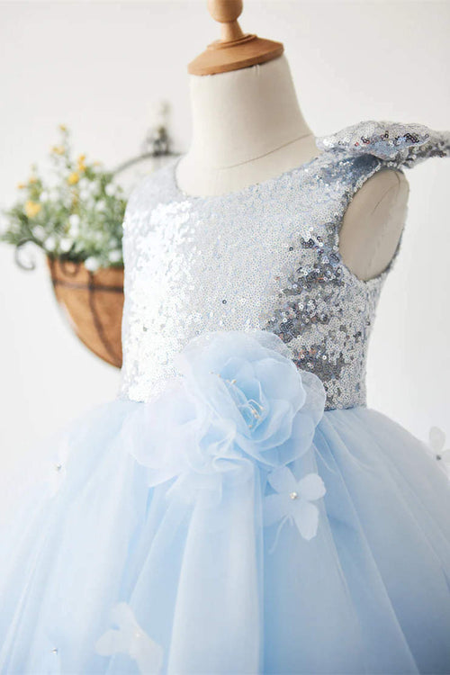 Light Blue Tulle Flower Girl Dress with Sequined Top