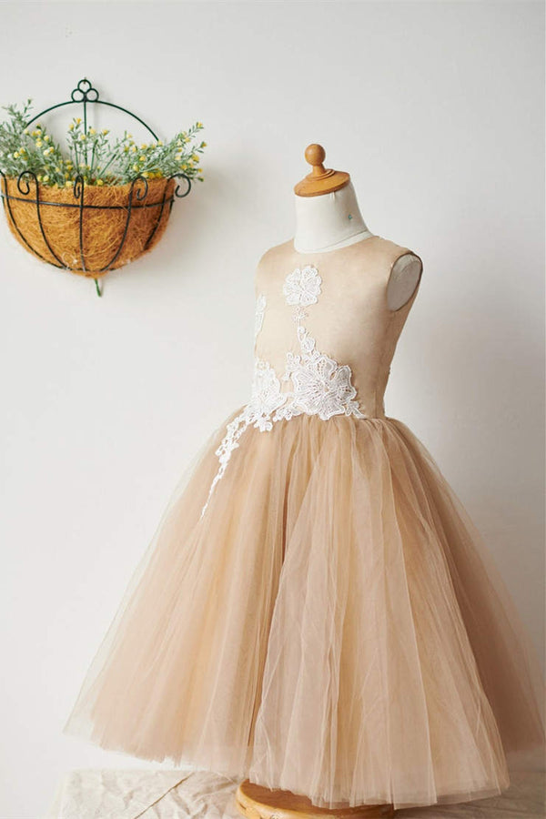 Ivory Lace Champmpagne Tulle Flower Girl Dress