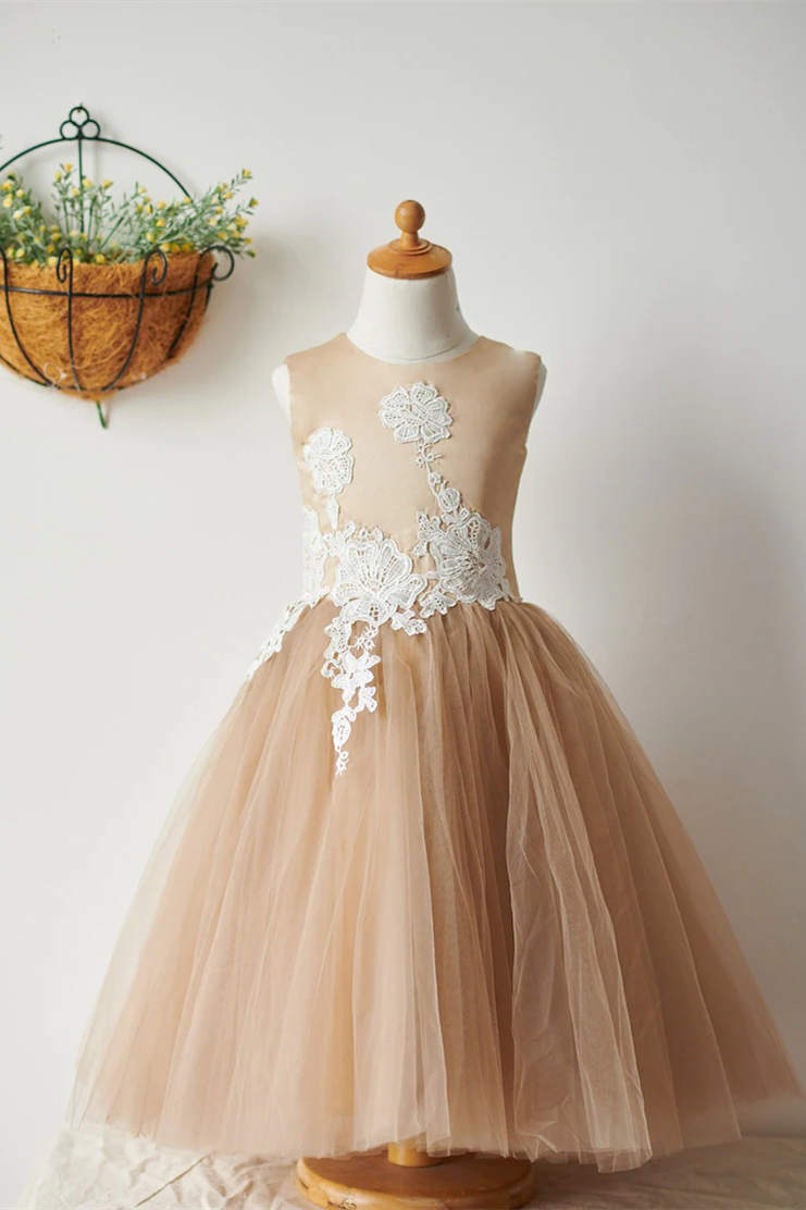 Ivory Lace Champmpagne Tulle Flower Girl Dress