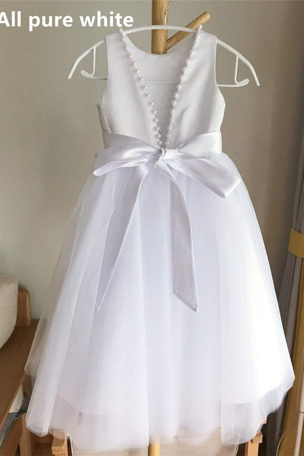 V-Back Champgane Flower Girl Dress with Pearls