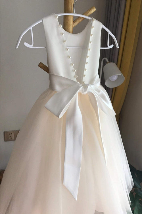 V-Back Champgane Flower Girl Dress with Pearls