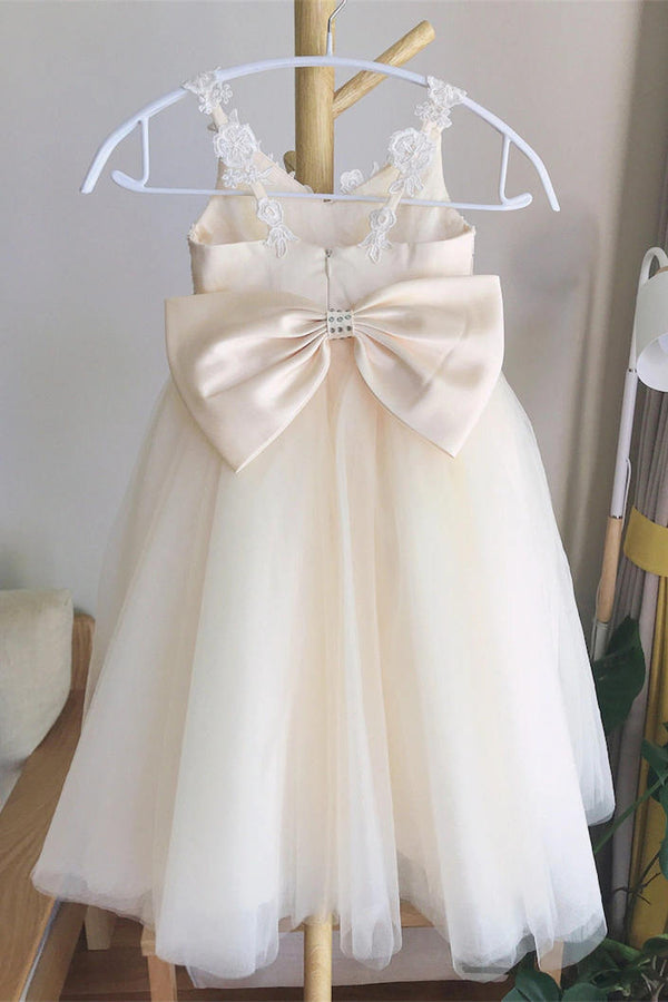 Cute Champagne V-neck Lace Flower Girl Dress