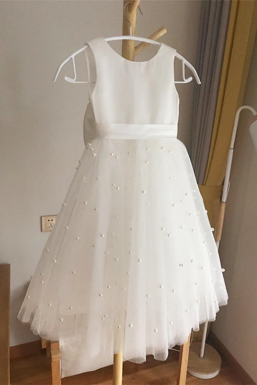 A-Line Ivory Girl Party Dress with Pearls
