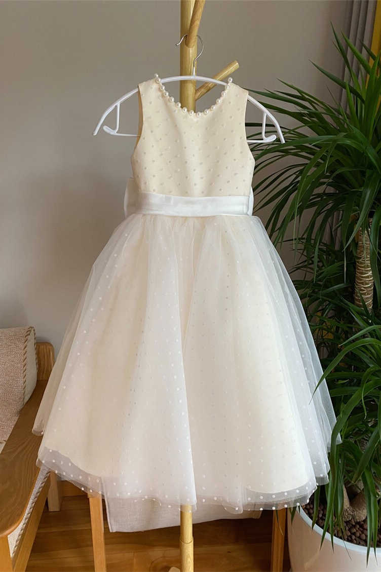 Cute Champagne Beaded Girl Party Dress with Dots