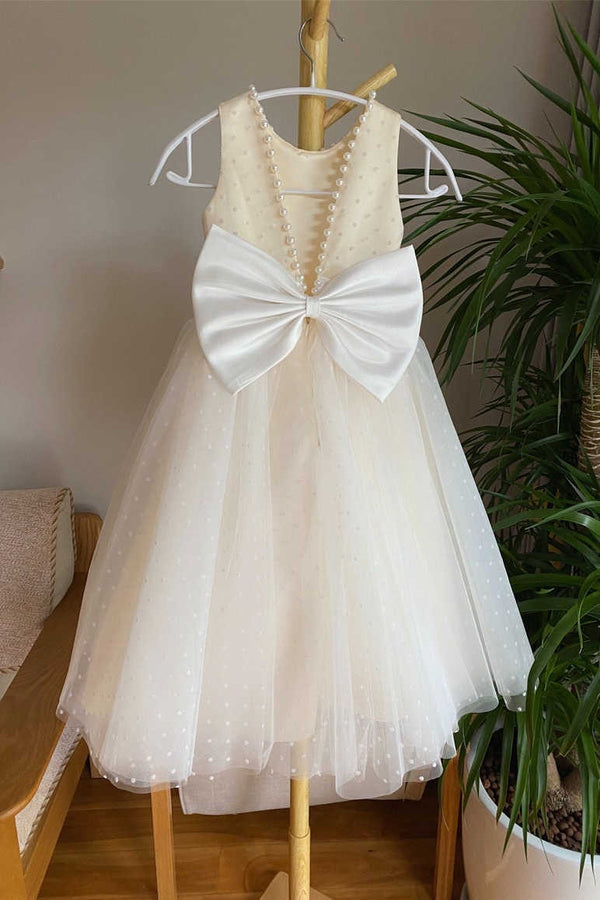 Cute Champagne Beaded Girl Party Dress with Dots