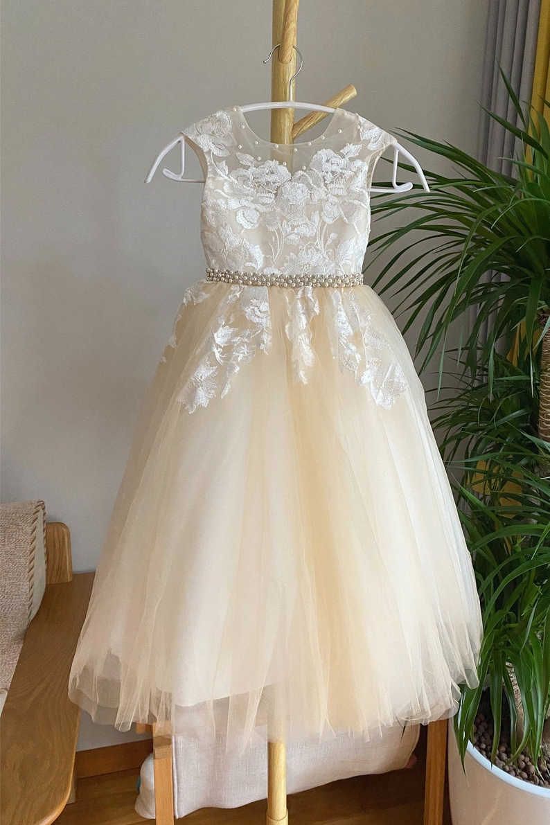 green emerald velvet dress Champagne Lace Tulle Flower Girl Dress with Beaded Belt – FancyVestido