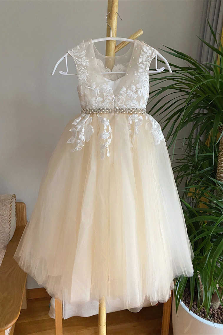 Champagne Lace Tulle Flower Girl Dress with Beaded Belt