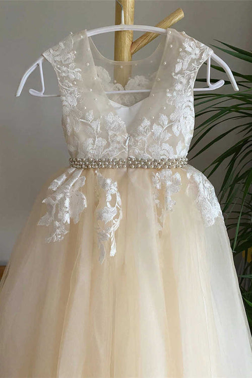 Champagne Lace Tulle Flower Girl Dress with Beaded Belt