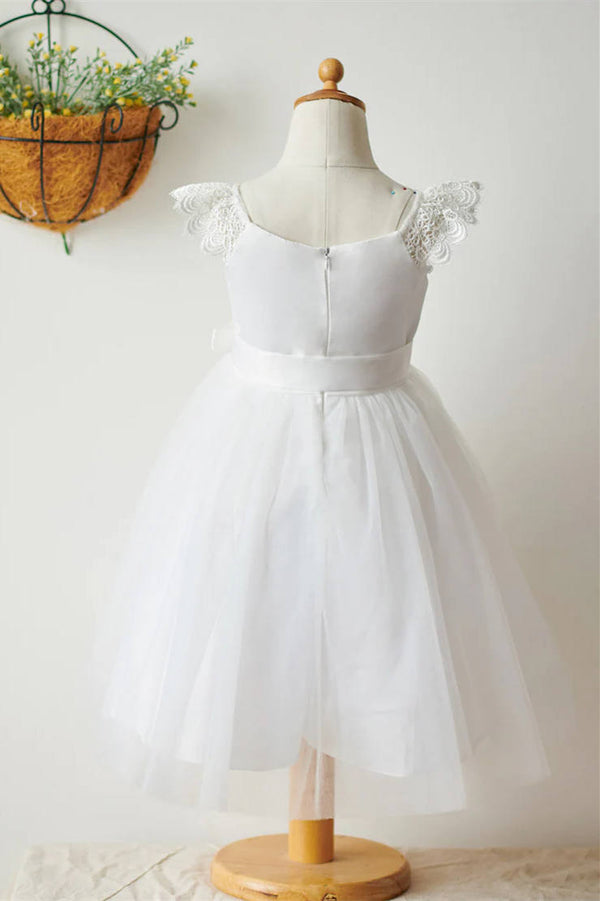 Knee Lenght Ivory Satin Flower Girl Dress