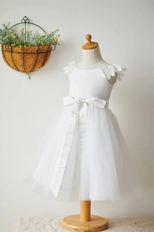 Knee Lenght Ivory Satin Flower Girl Dress