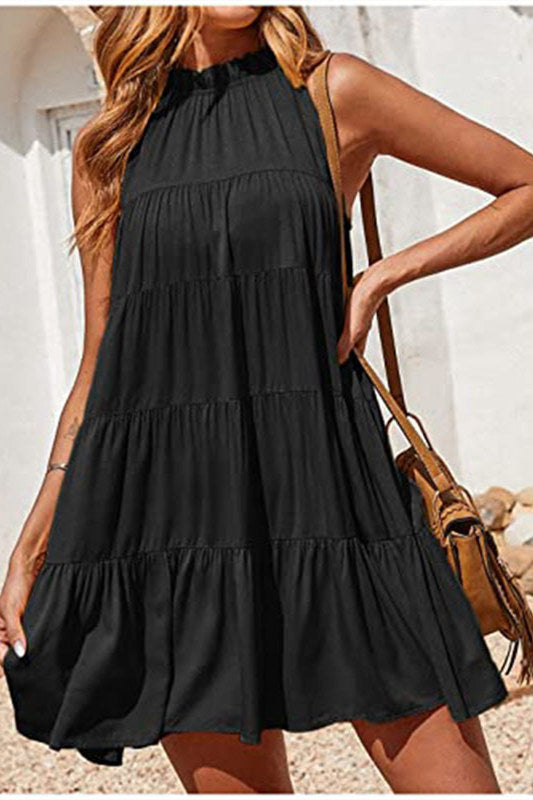 Crew Neck Yellow Ruffle Summer Dress