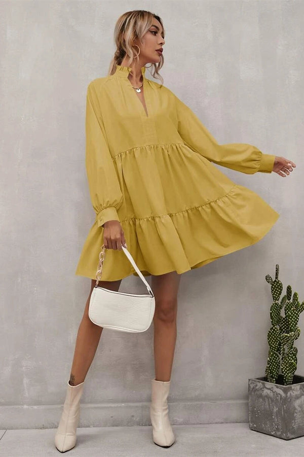 High Neck Navy Summer Dress with Puff Sleeves