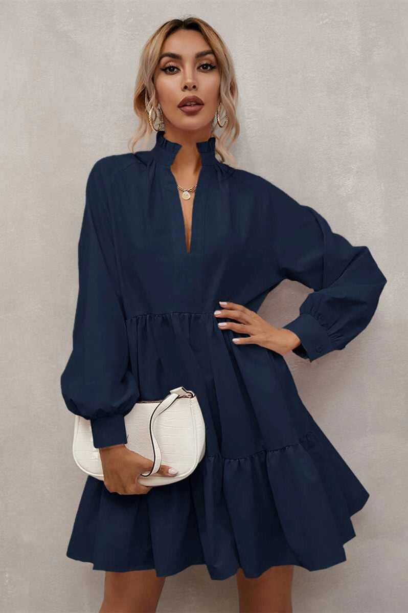 High Neck Navy Summer Dress with Puff Sleeves