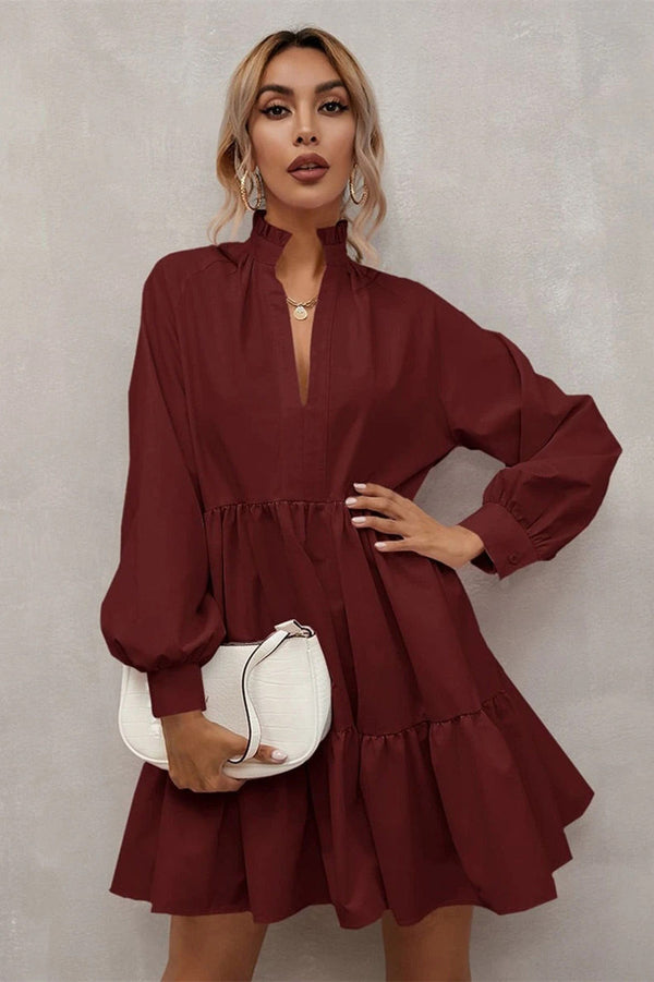 High Neck Navy Summer Dress with Puff Sleeves