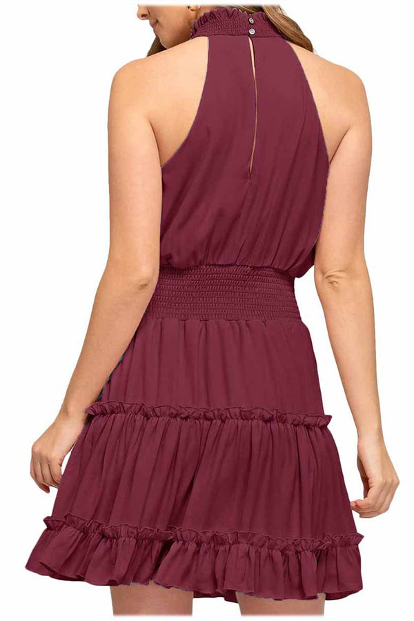Burgundy Halter Ruffle Midi Summer Dress